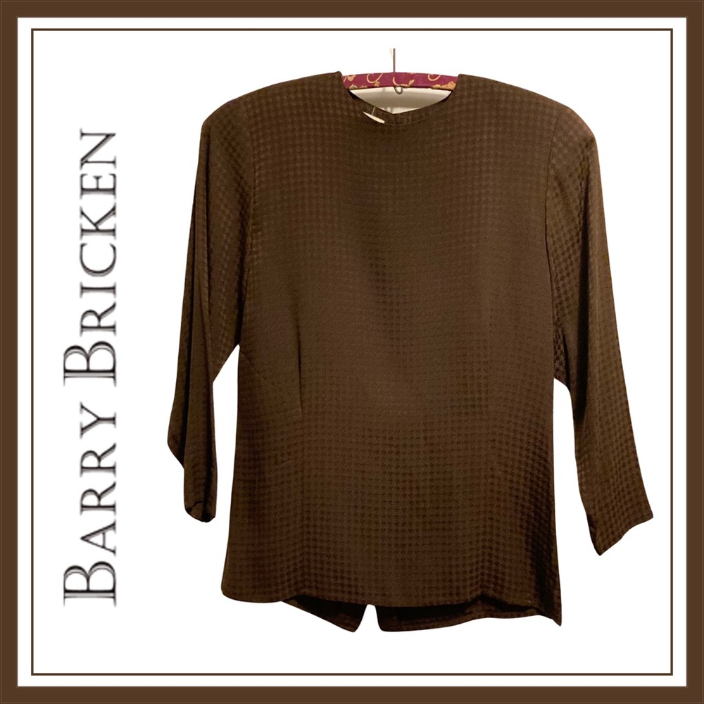 BARRY BRICKEN 100% Silk Herringbone Pattern Button Up Back Blouse Top Size 4
